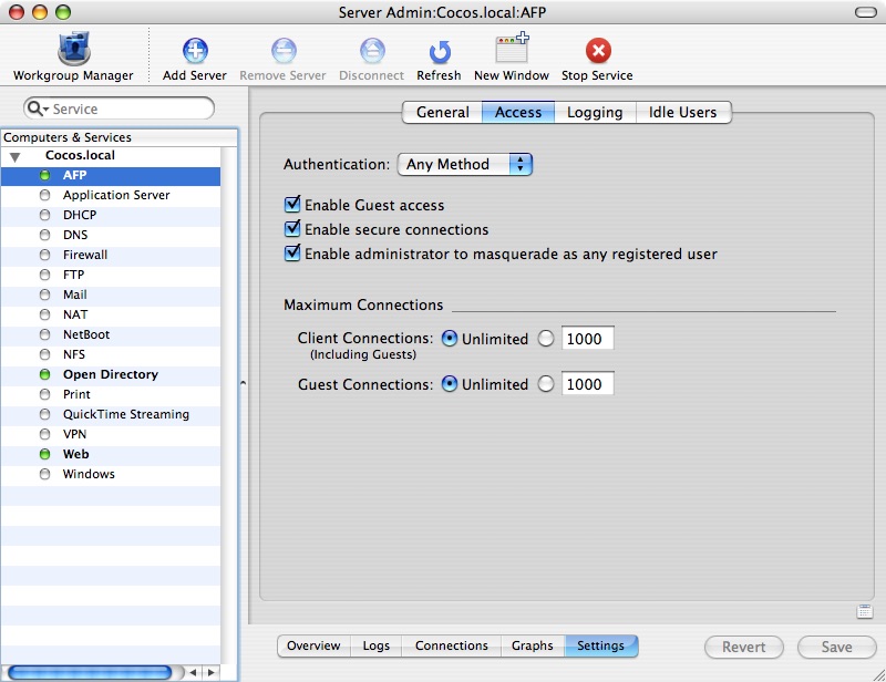 Screenshot of macOS X Server Admin application showing AFP Settings Access panel
