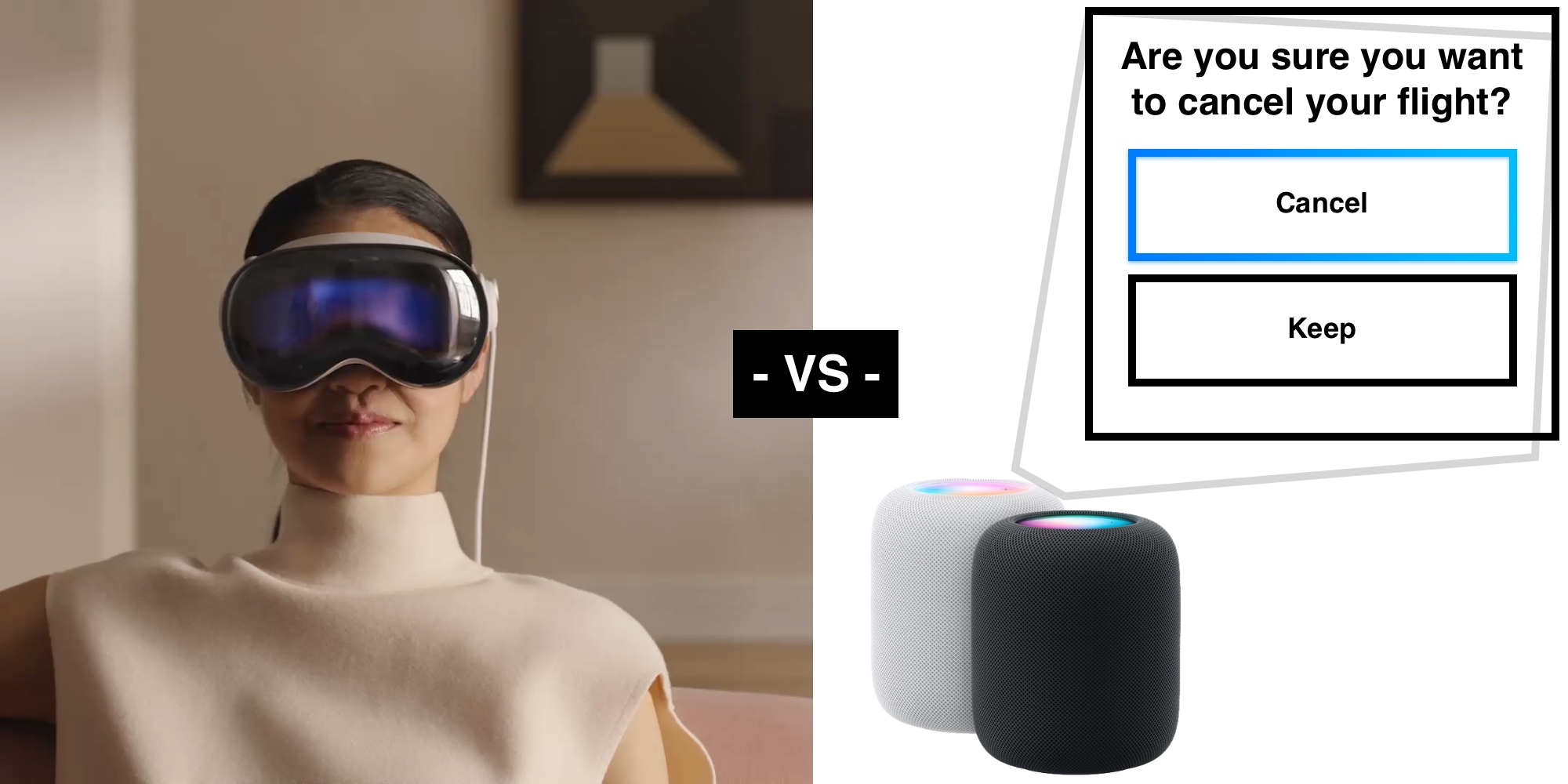 photo of lady wearing vision pro, side by side with a mock up I made of a homepod projecting an interface on a wall